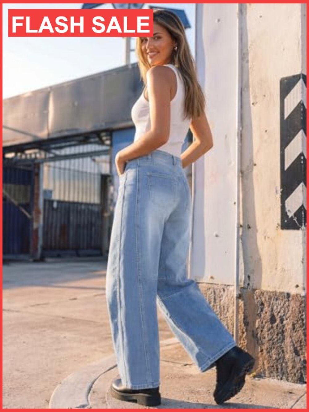 High Rise Wide Leg Barrel Jeans with Curved Hem, Slant Pockets, Stretch Denim - Picture 4 of 6